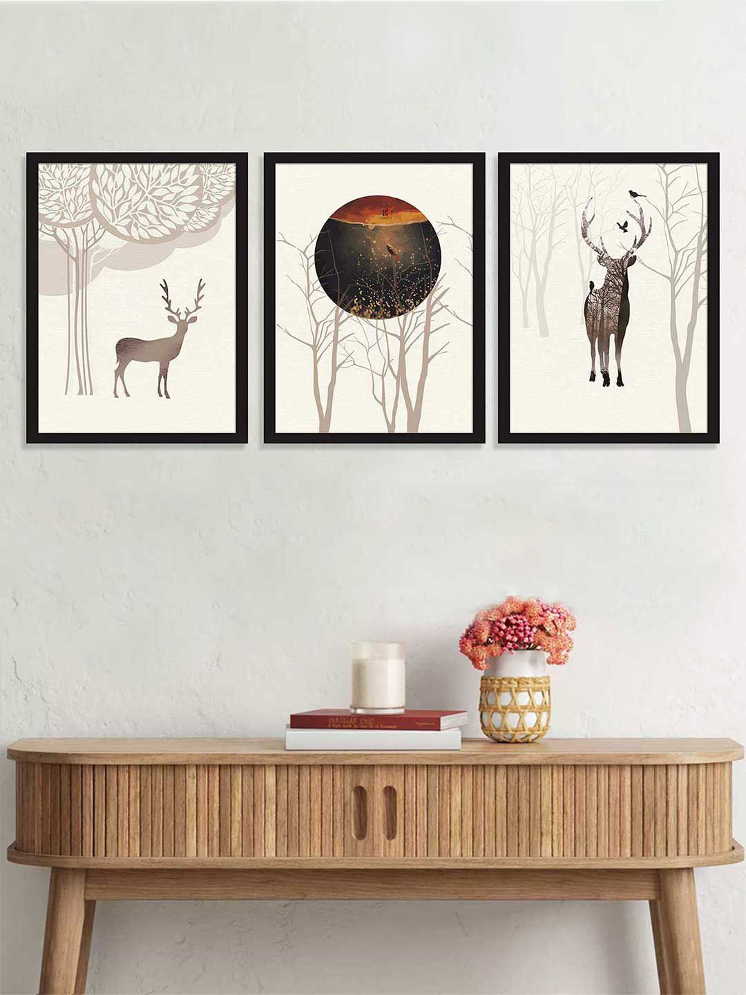 Art Street Set of 3 Brown & White Auspicious Deer Framed Art Print Price in India