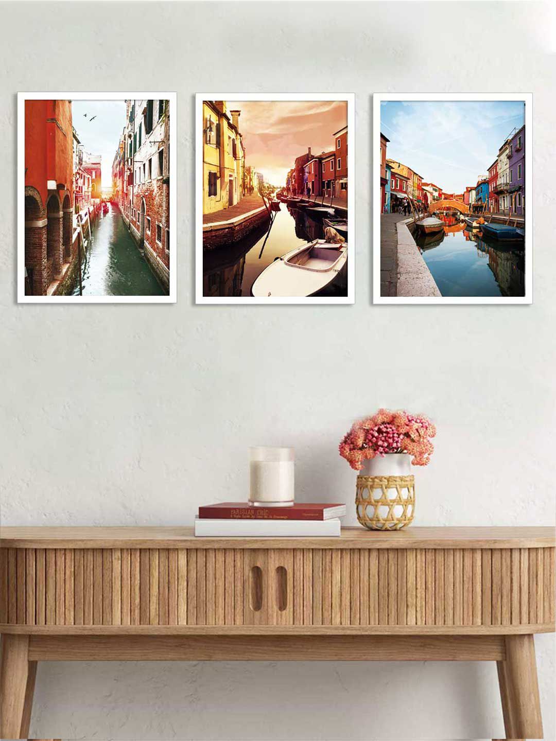 Art Street Set Of 3 Red & Blue City Lake Printed Framed Wall Art Price in India