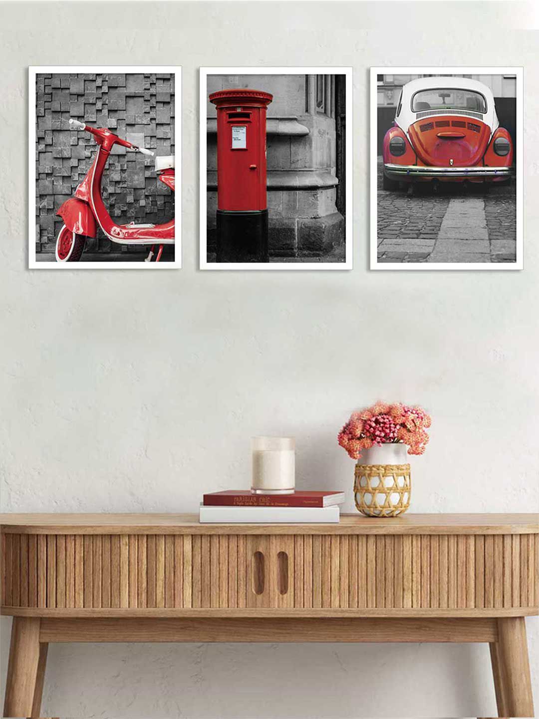 Art Street Set Of 3 Red Retro Vintage Vehicle White Framed Wall Art Price in India