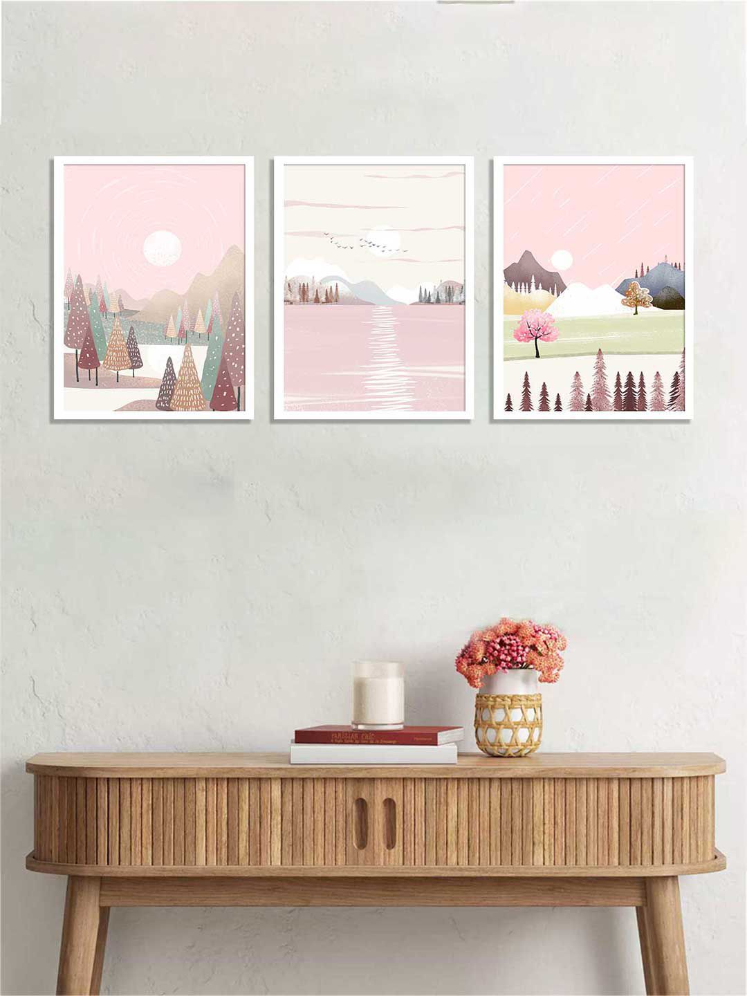 Art Street Set of 3 Pink & White Heart Of Nature Printed Framed Wall Art Price in India