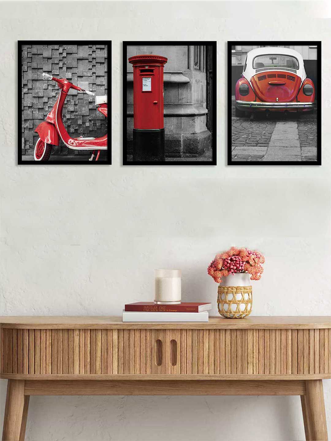 Art Street Red & Grey Set of 3 Cranberry Retro Vintage Vehicle Framed Painting Wall Art Price in India