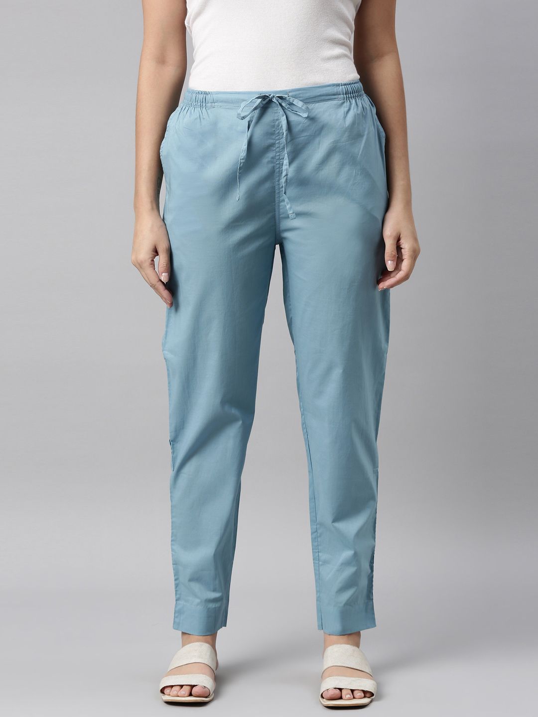 Go Colors Women Blue Tapered Fit Trousers Price in India