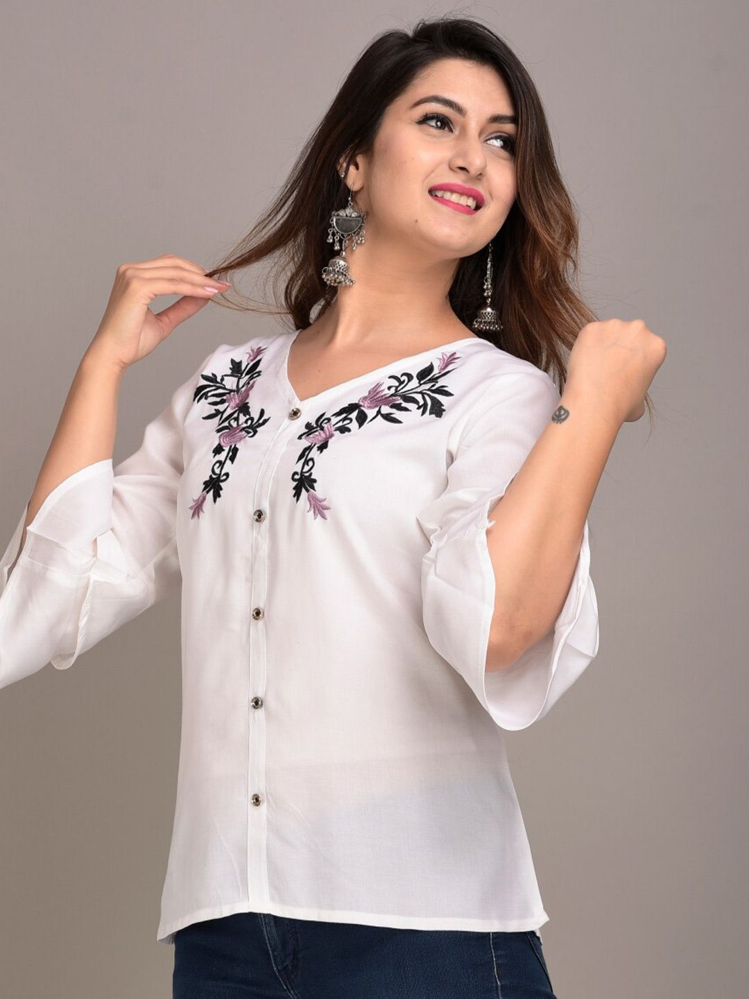 IQRAAR White Floral Shirt Style Top Price in India