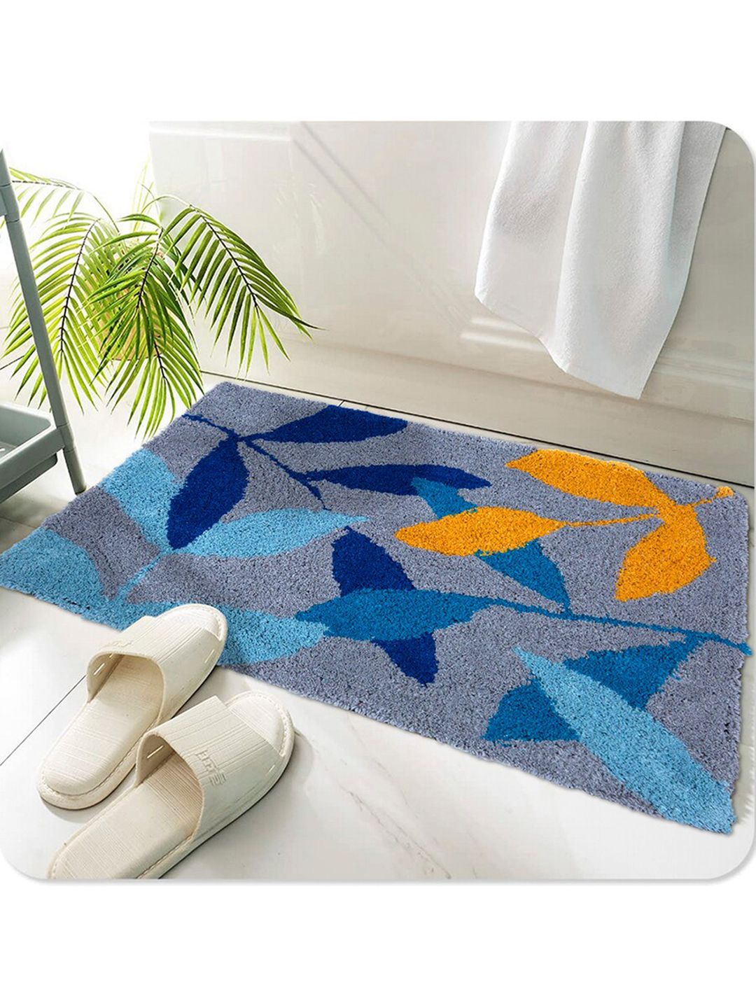 AAZEEM Blue & Orange Self-Design Cotton Anti-Skid Doormats Price in India