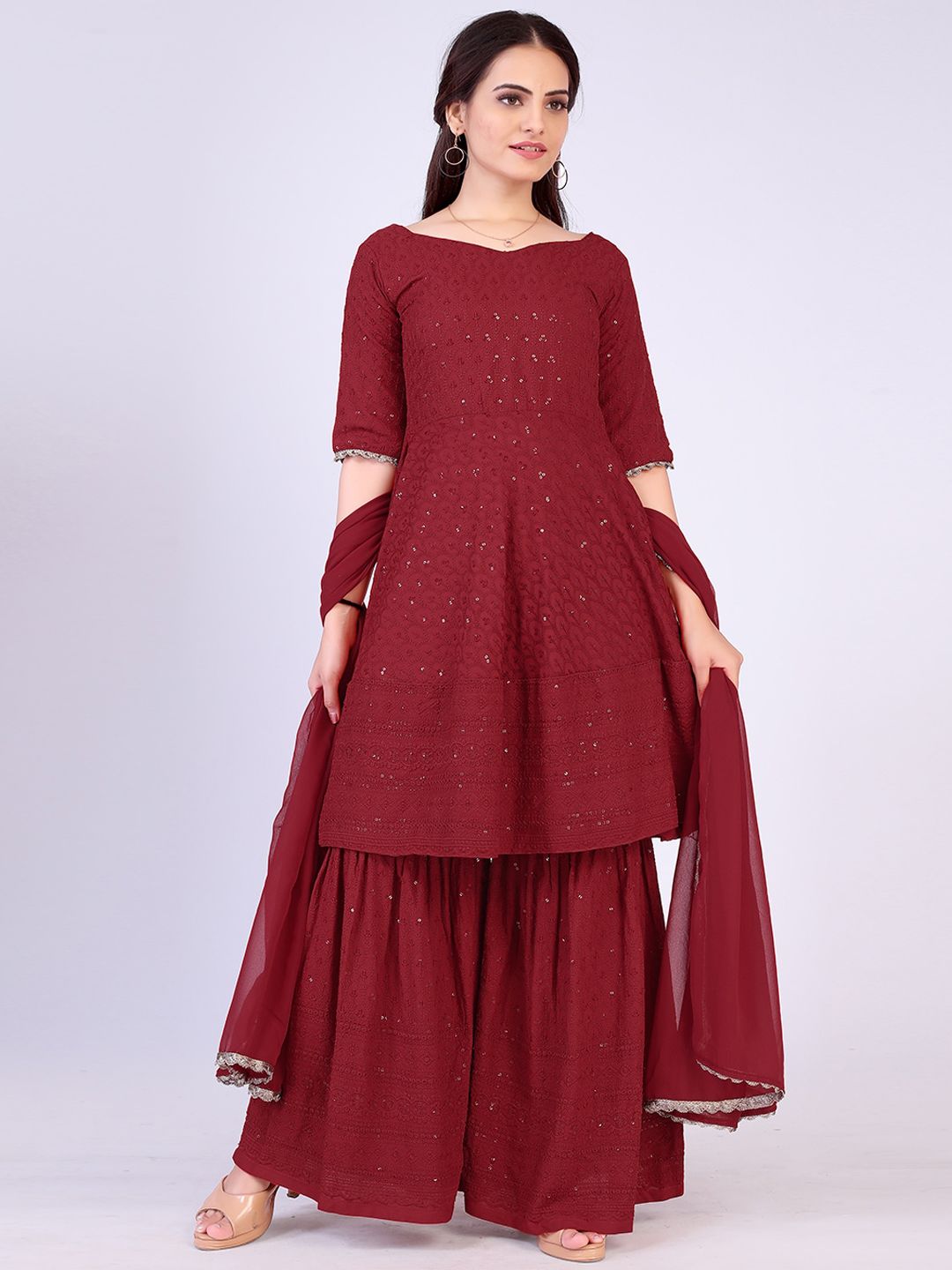 PRENEA Women Red Striped Pleated Kurti with Sharara & With Dupatta Price in India