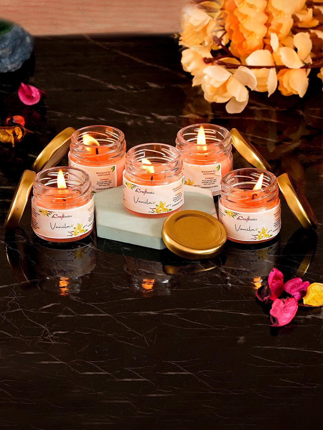 eCraftIndia Set Of 5 Peach & Transparent Strawberry Scented Jar Candle with Lid Price in India