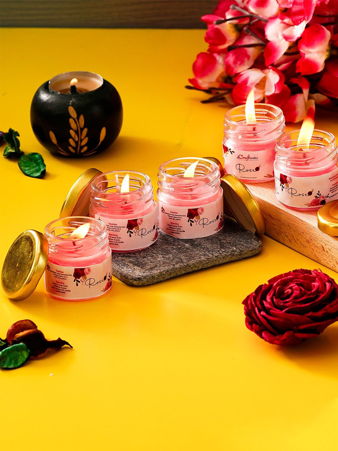 eCraftIndia Set Of 5 Pink Soild Rose Scented Minijar Candle Price in India