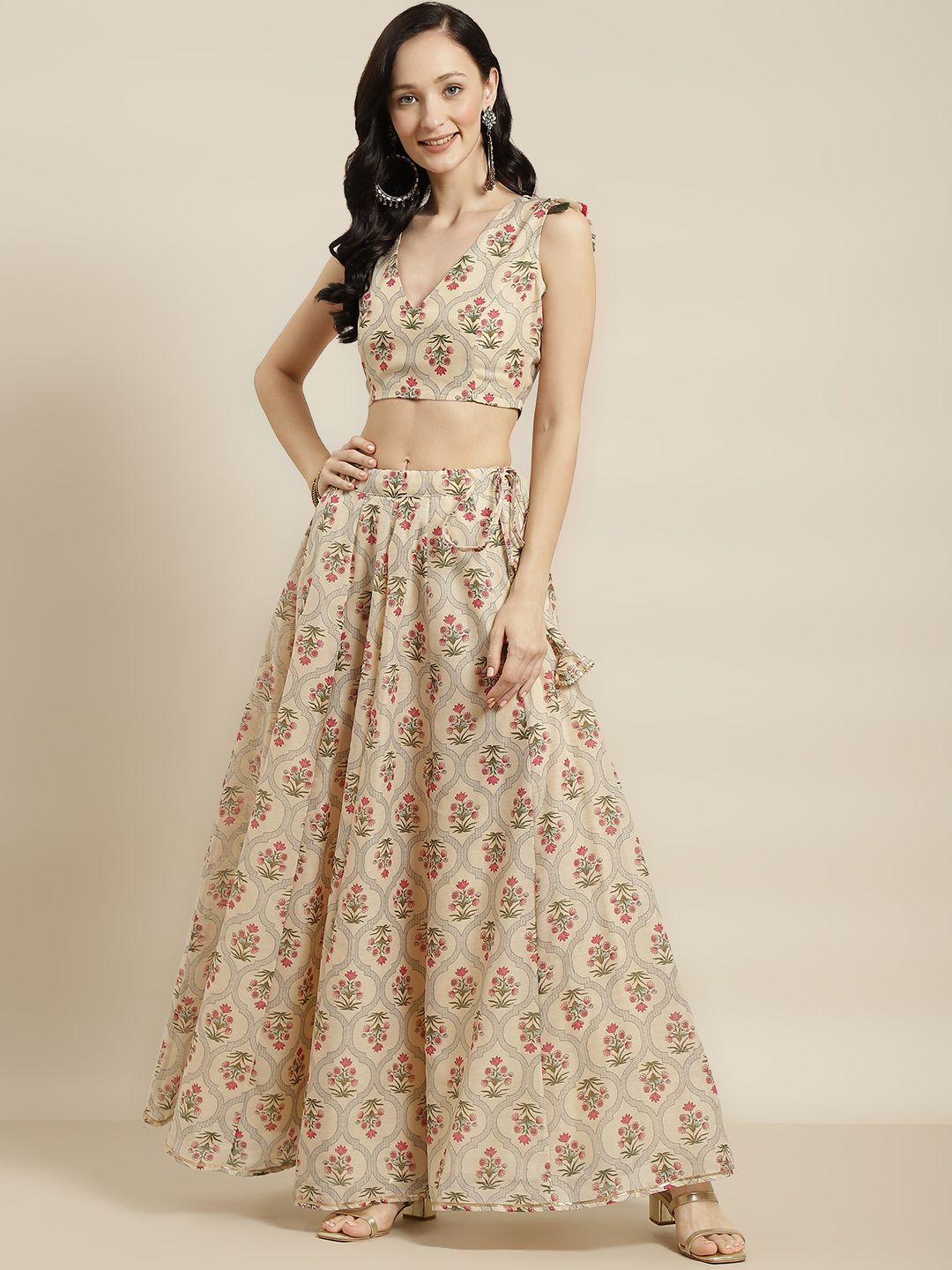 Shae by SASSAFRAS Beige & Pink Printed Ready to Wear Lehenga Price in India