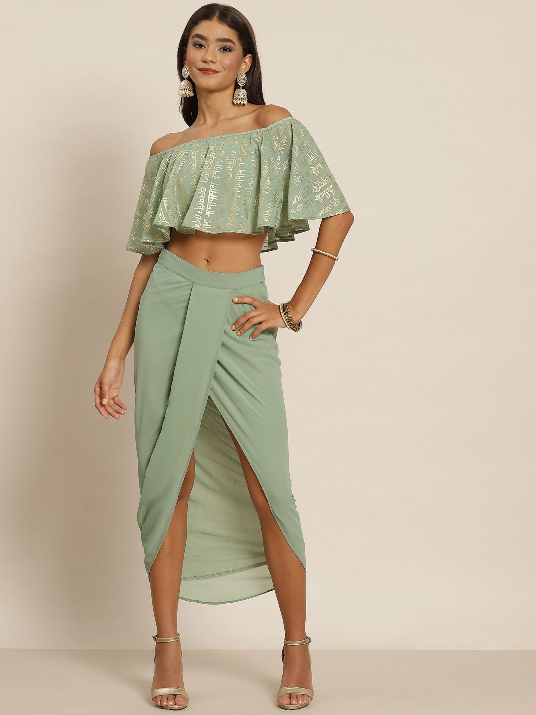 Shae by SASSAFRAS Green & Gold-Toned Printed Ready to Wear Dhoti & Top Price in India