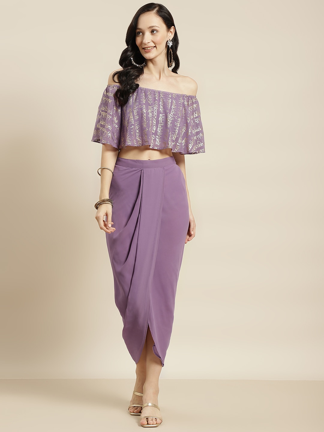 Shae by SASSAFRAS Purple Foil Crop Top With Dhoti Skirt Price in India