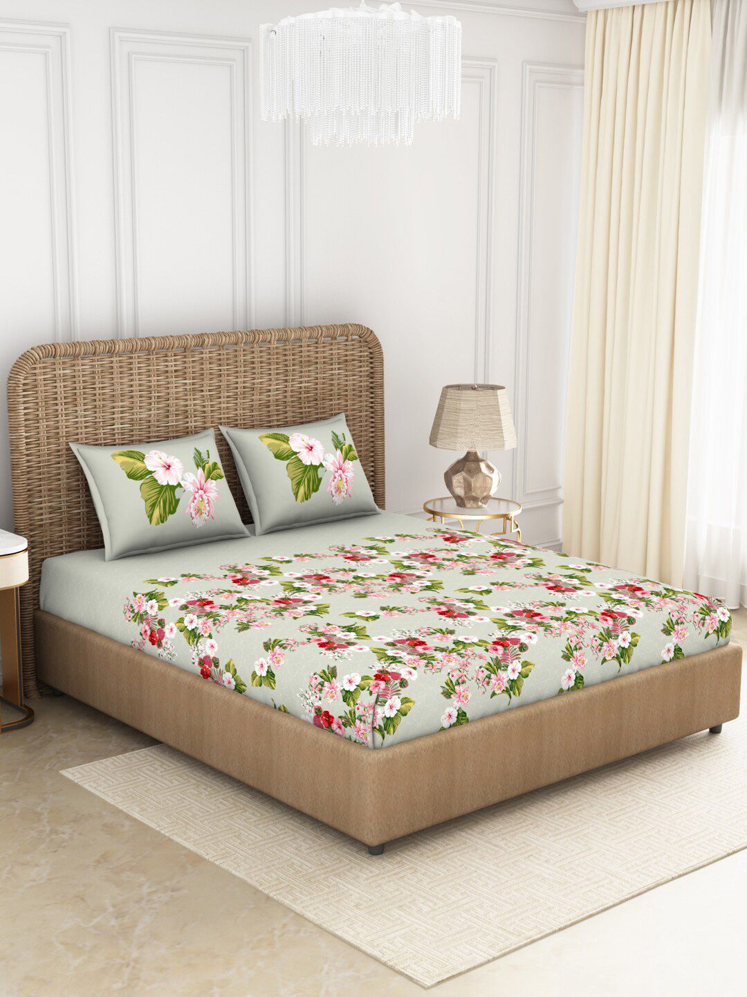 SPACES Green & Pink Floral 144 TC King Bedsheet with 2 Pillow Covers Price in India