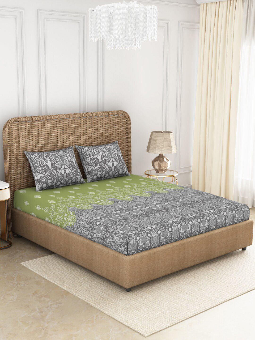 SPACES Green & Grey Ethnic Motifs 144 TC King Bedsheet with 2 Pillow Covers Price in India