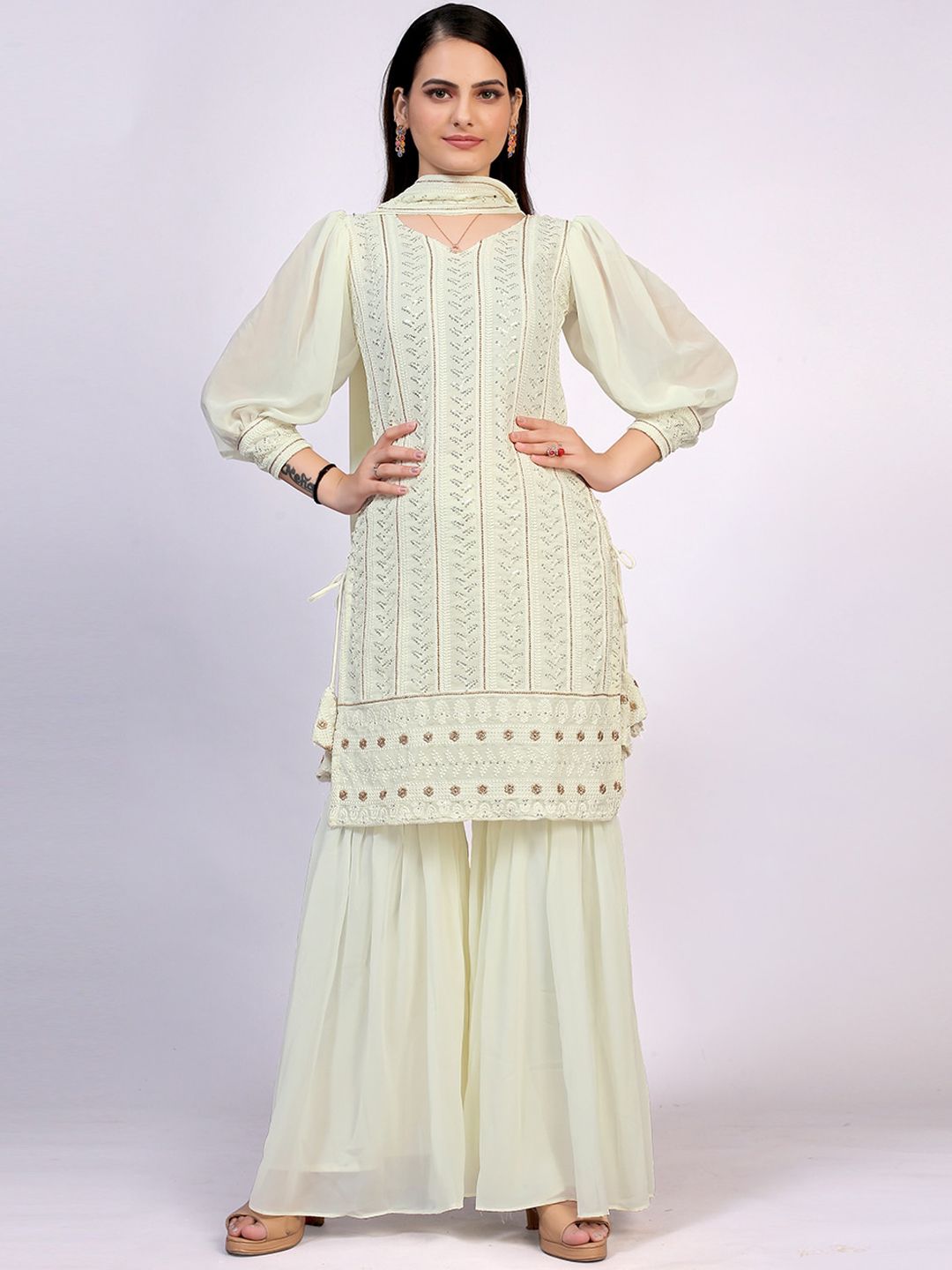 PRENEA Women White Embroidered Kurti with Sharara Price in India