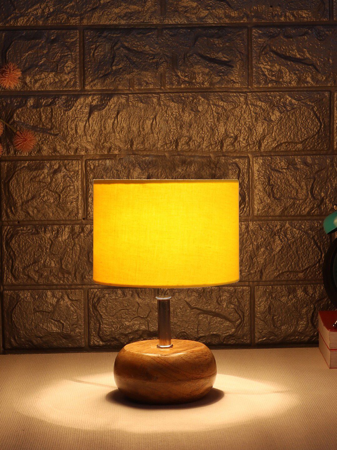 Devansh Yellow & Beige Wood Table Lamp with Cotton Shade Price in India