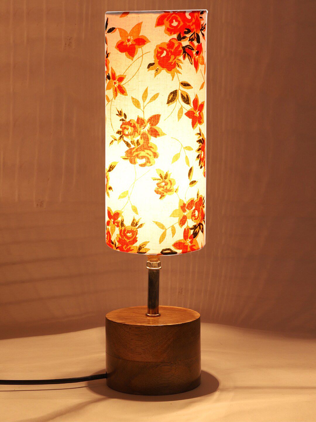 Devansh White & Orange Floral Print Cotton Cylindrical Shade Table Lamp Price in India