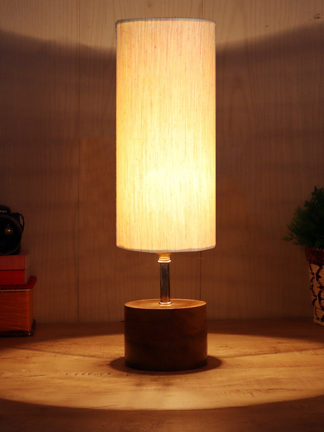 Devansh Brown & Off-White Wood Table Lamp with Shade Price in India