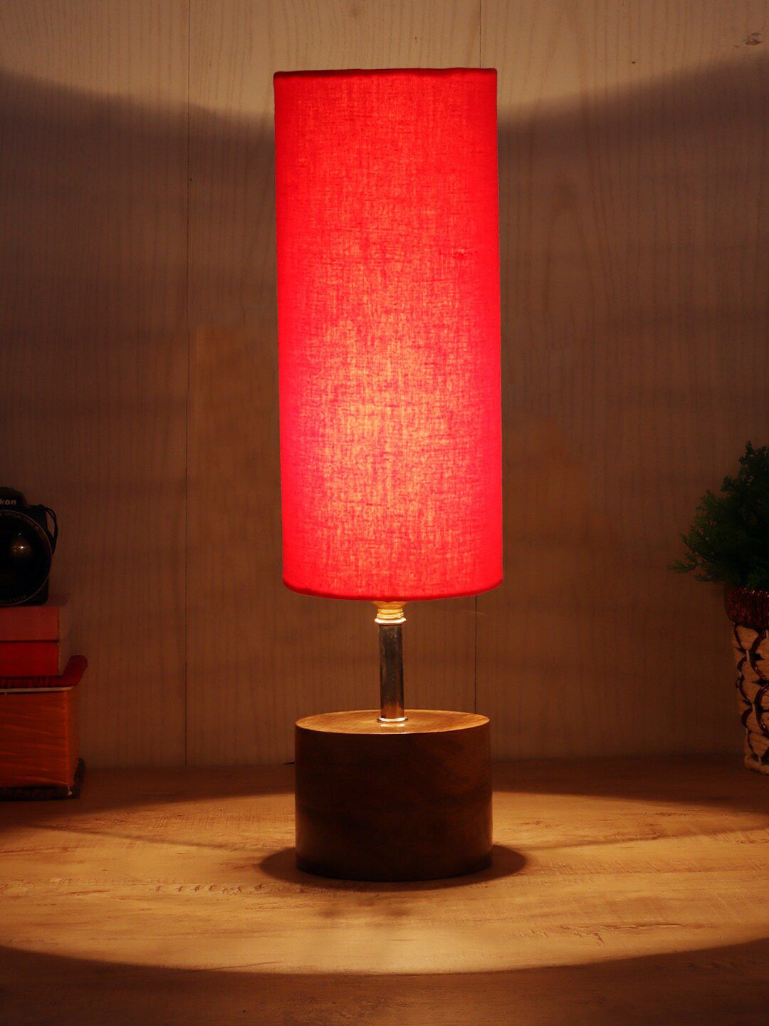 Devansh Red Wooden Cylindrical Contemporary Table Lamp Price in India