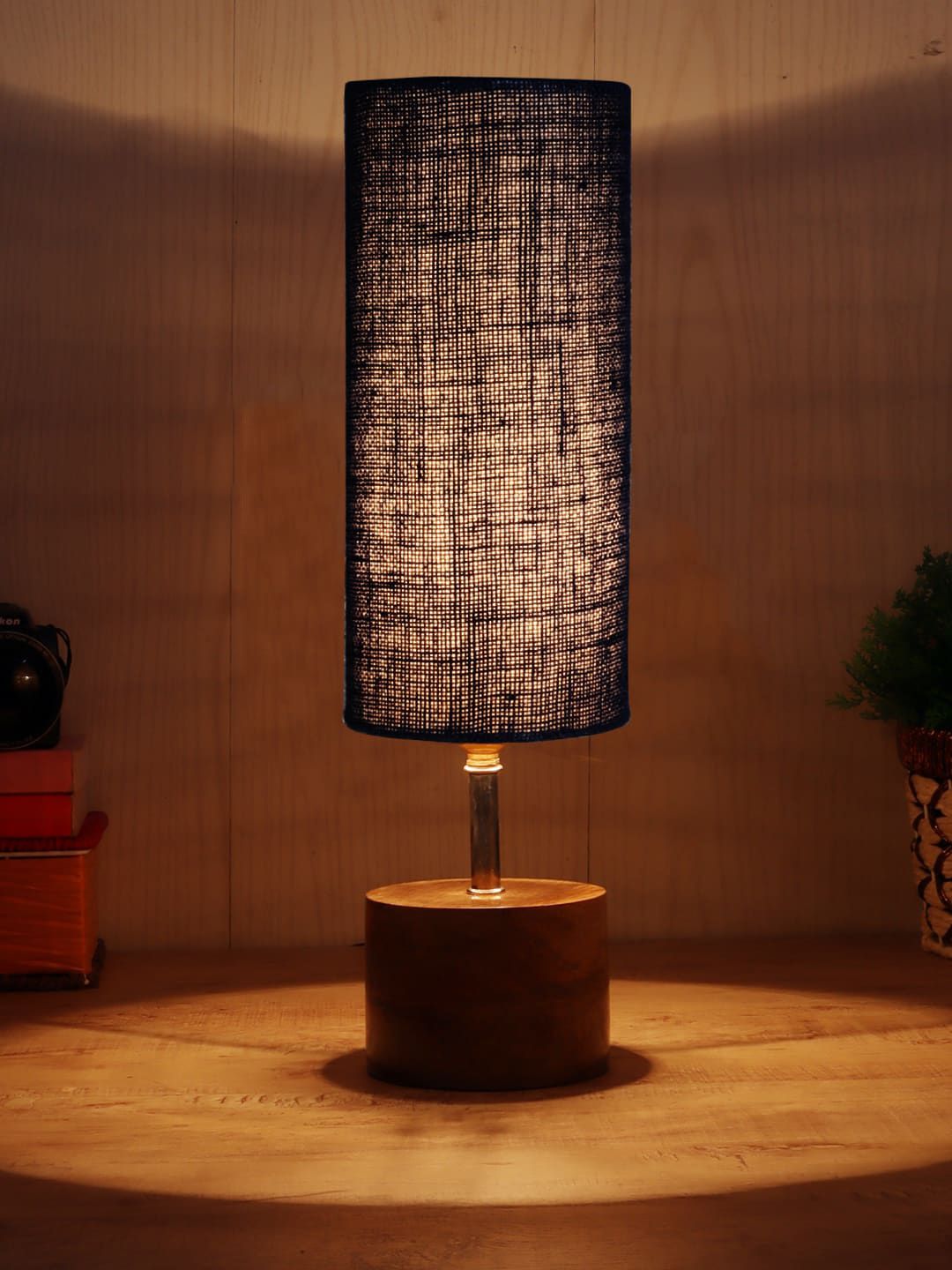 Devansh Blue Wooden Table Lamp With Jute Shade Price in India