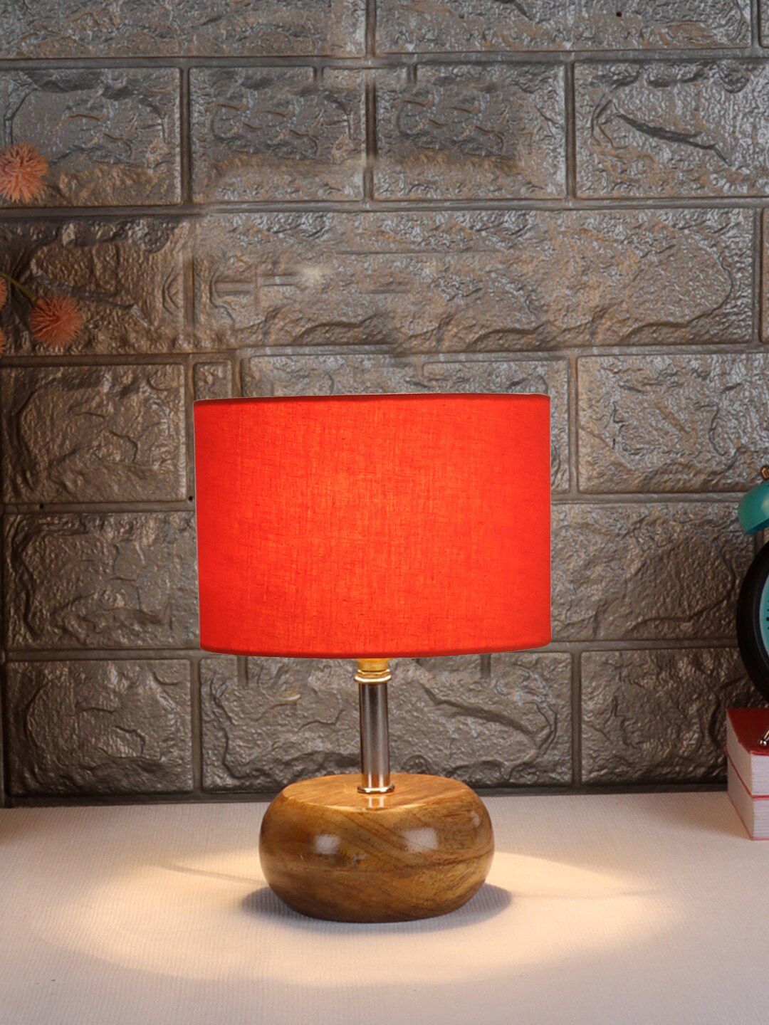 Devansh Orange Wooden Table Lamp with Cotton Shade Price in India