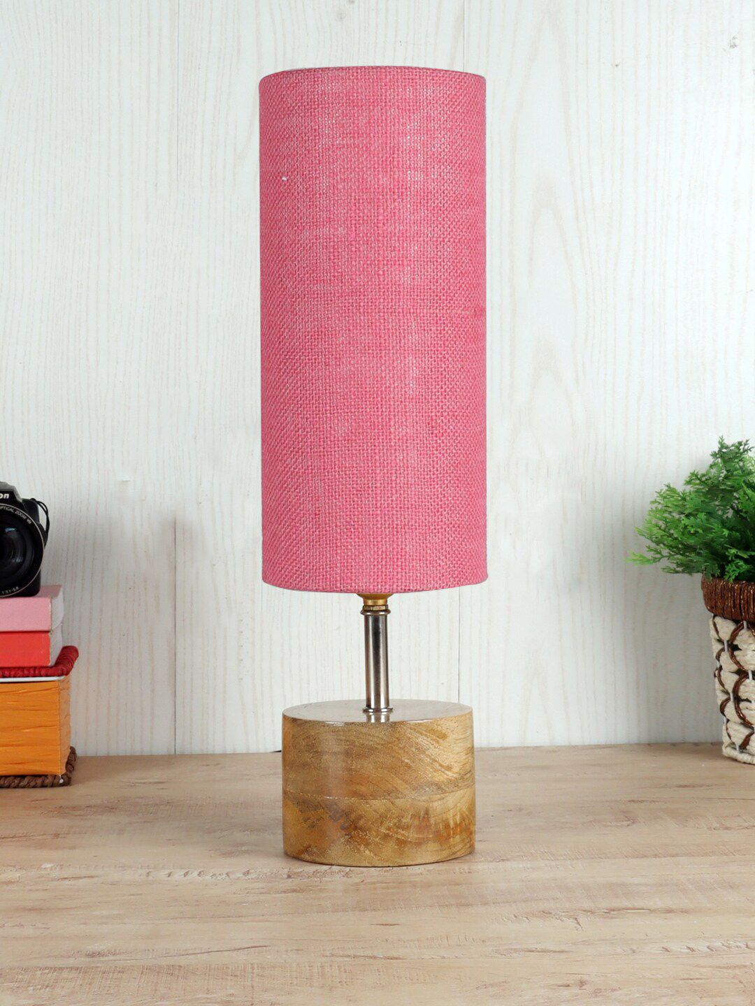 Devansh Pink & Beige Wood Table Lamp With Jute Shade Price in India