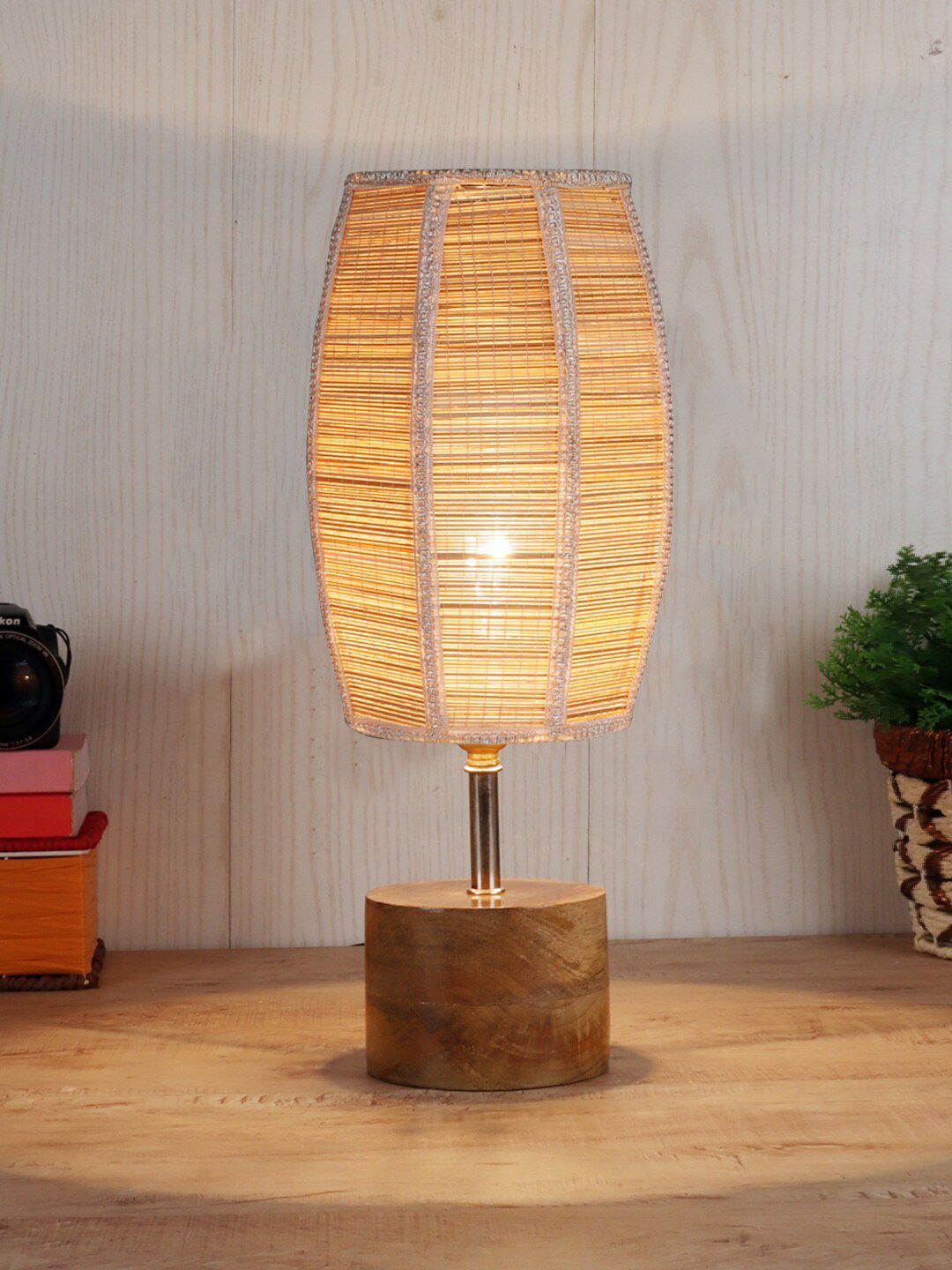 Devansh Wood Table Lamp with Dholak Bamboo Shade Price in India