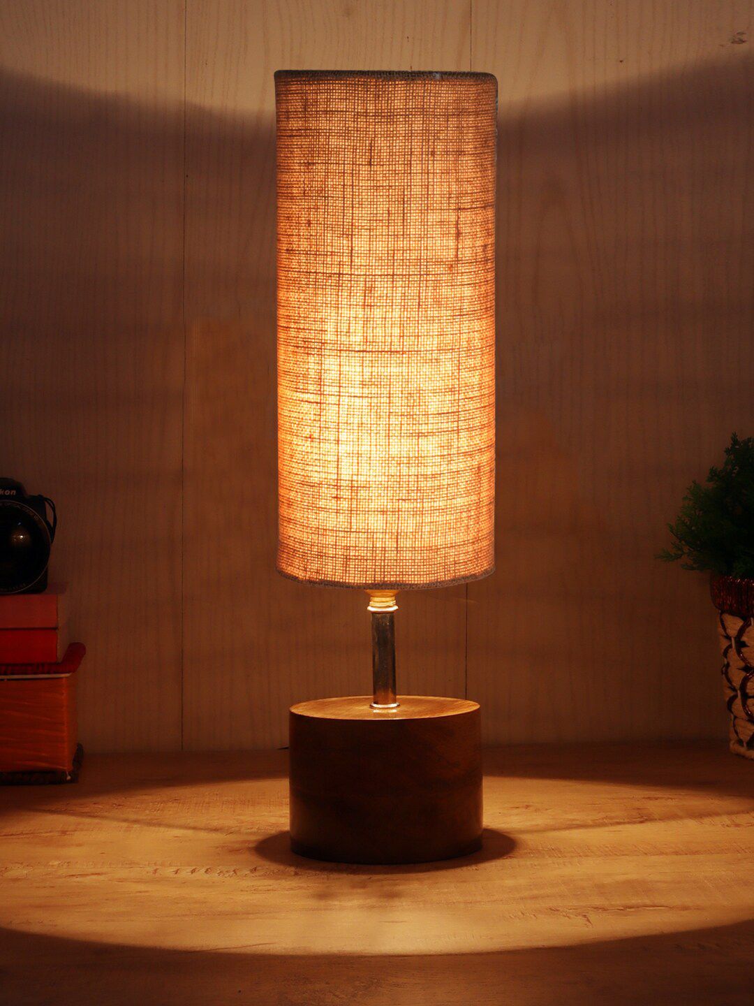 Devansh Beige Wooden Cylindrical Contemporary Table Lamp Price in India