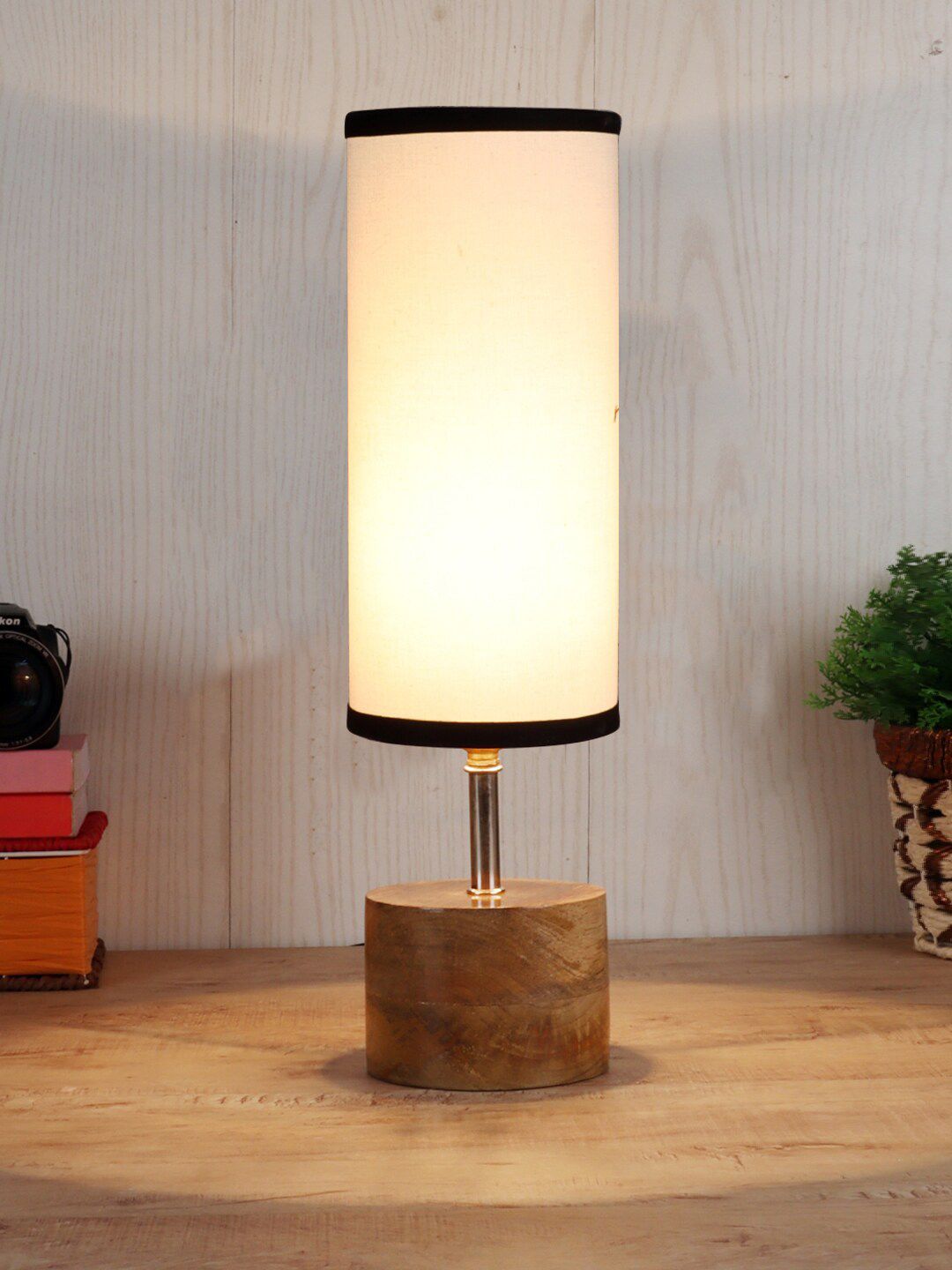 Devansh White & Black Wood Table Lamp with Jute Shade Price in India