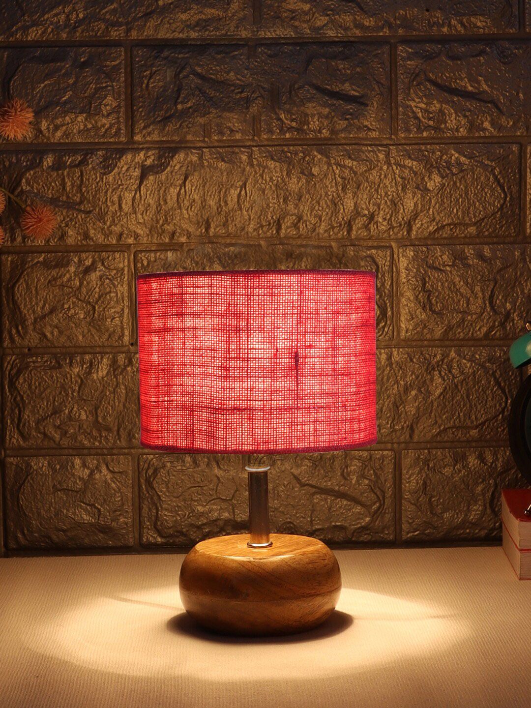 Devansh Pink Wooden Cylindrical Contemporary Table Lamp Price in India