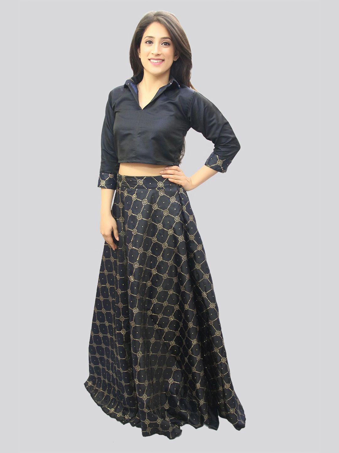 CRAZEVILLA Women Navy Blue & Gold-Toned Top with Skirt
