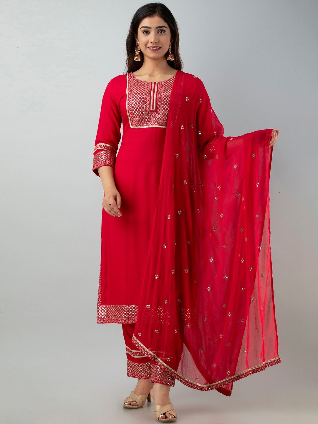 Charu Women Pink Ethnic Motifs Kurta With Trousers & Dupatta Price in India