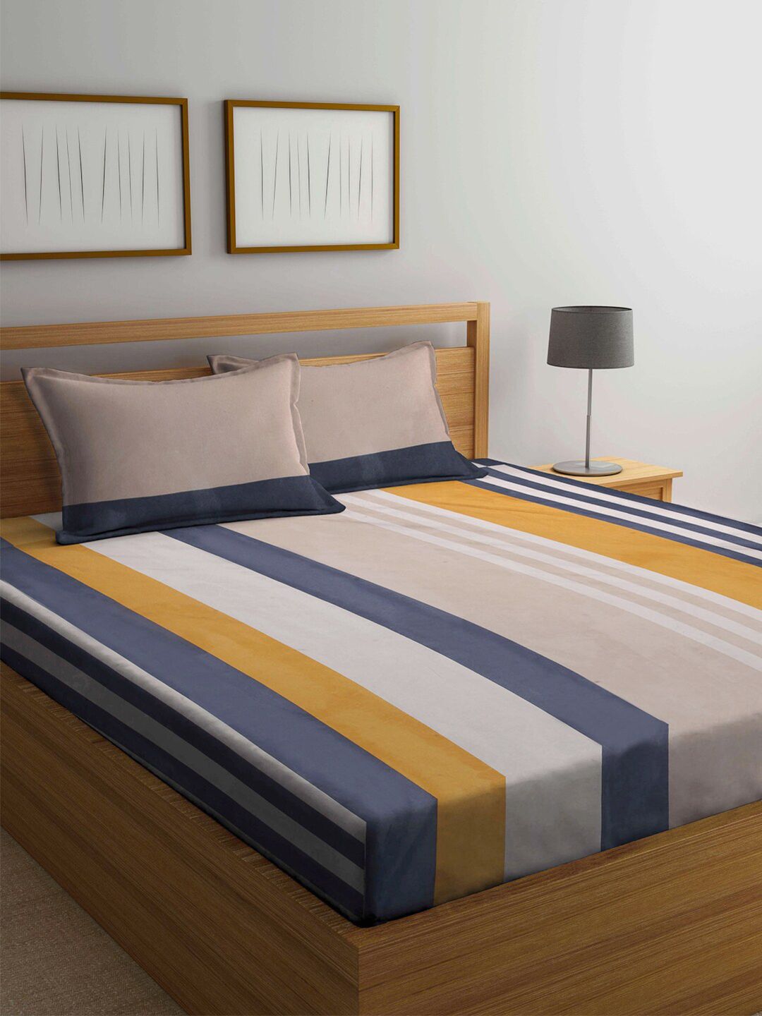 Arrabi Blue & Yellow Striped 300 TC King Bedsheet with 2 Pillow Covers Price in India