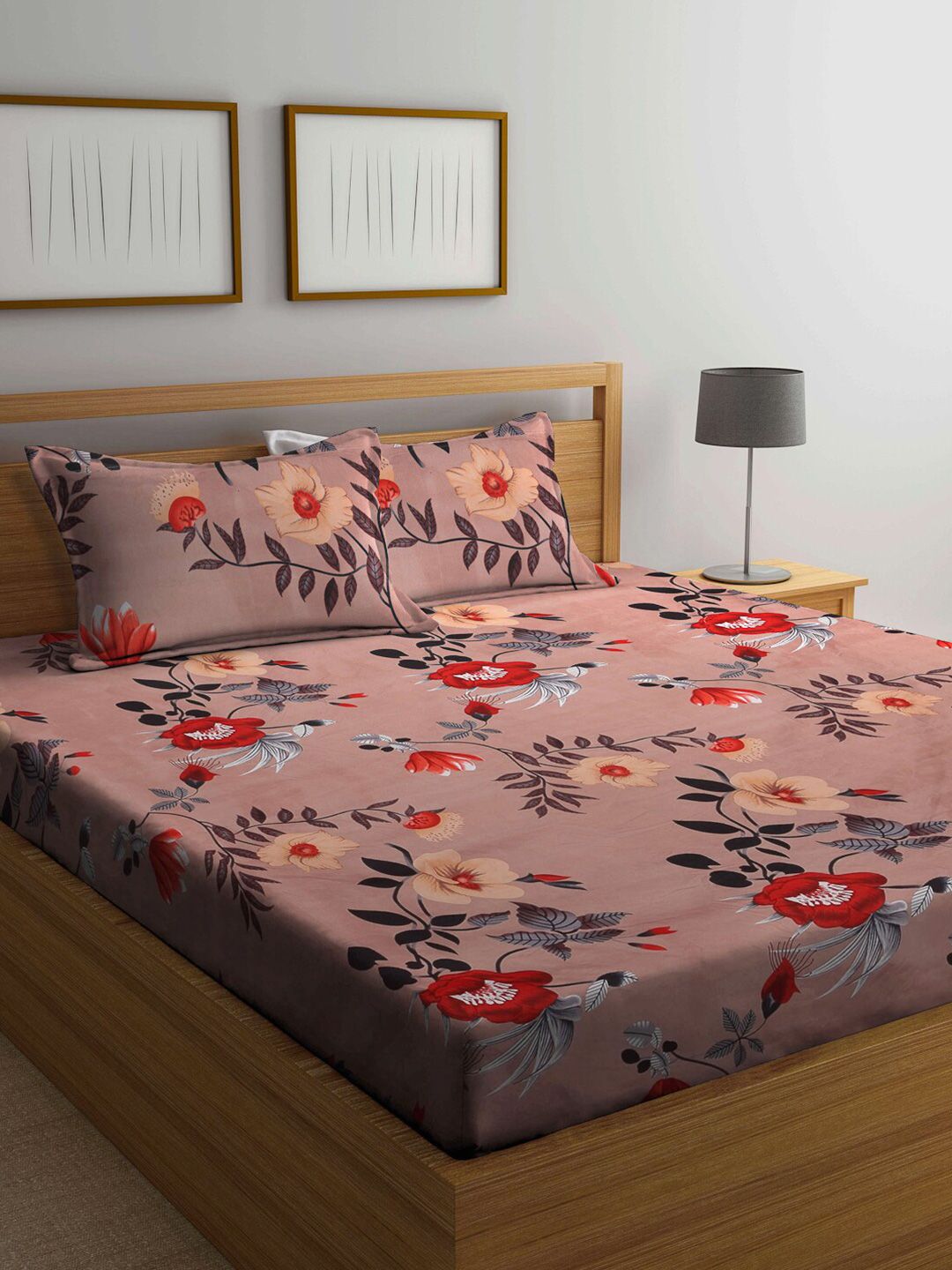 Arrabi Brown & Red Floral 300 TC King Bedsheet with 2 Pillow Covers Price in India