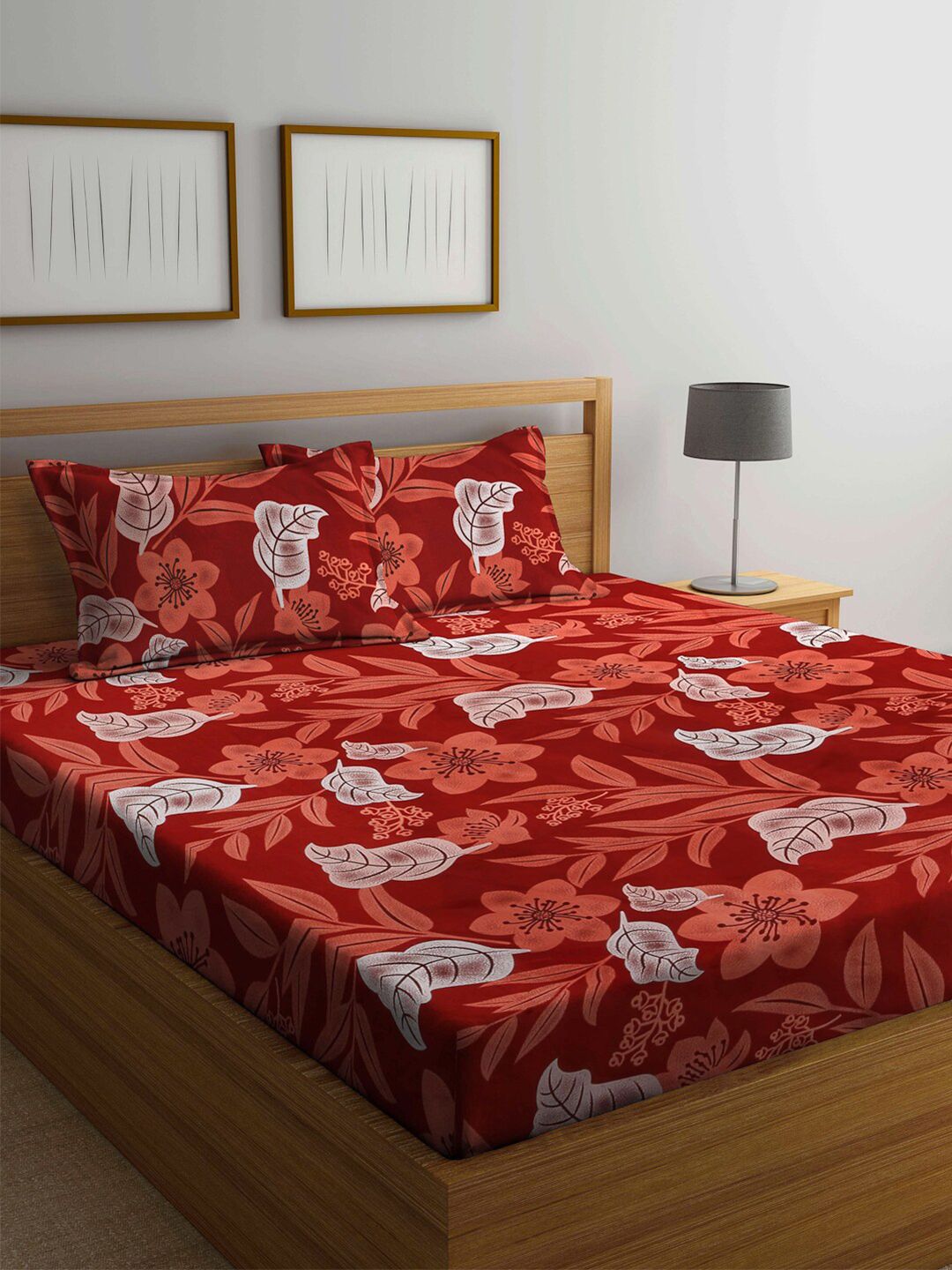 Arrabi Brown & Red Floral 300 TC King Bedsheet with 2 Pillow Covers Price in India