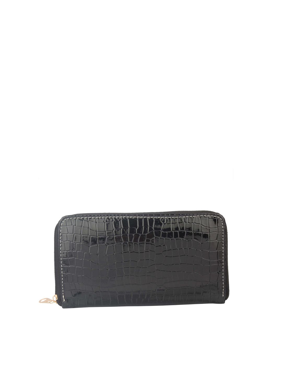 MAMMON Women Black & Gold-Toned Textured PU Zip Around Wallet Price in India