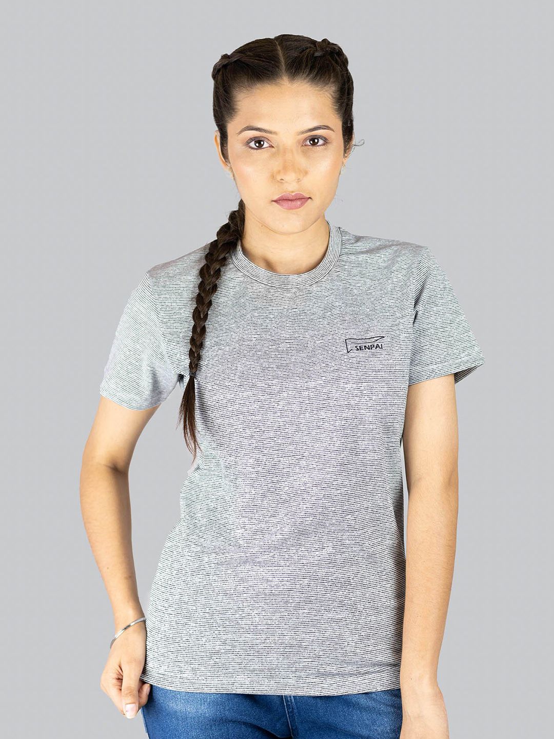 SENPAI Women Grey Melange & Black Printed T-shirt Price in India