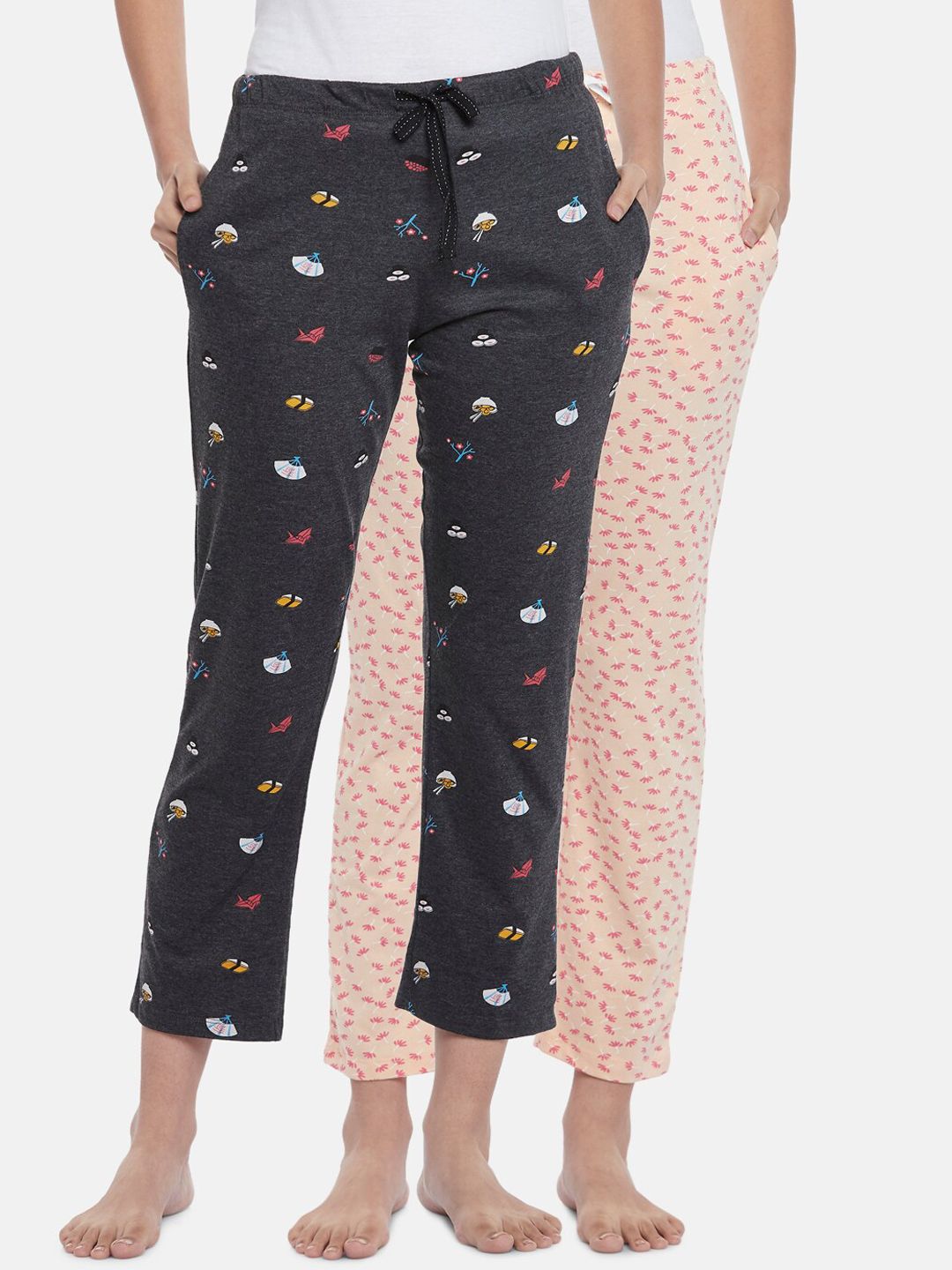 Dreamz by Pantaloons Pack of 2 Charcoal Grey & Beige Printed Lounge Pants Price in India