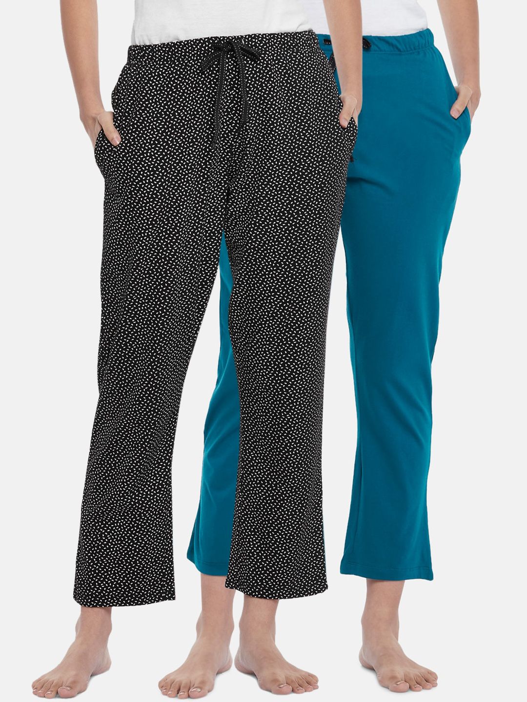 Dreamz by Pantaloons Women Pack of 2 Black & Blue Printed Cotton Lounge Pants Price in India