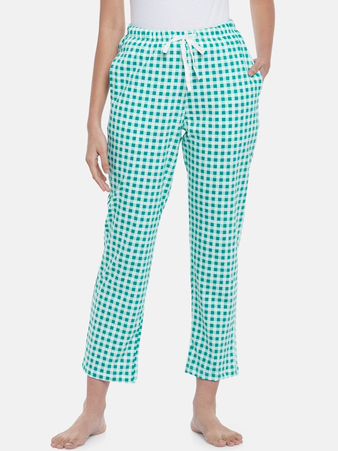 Dreamz by Pantaloons Women Green & White Checked Cotton Lounge Pant Price in India