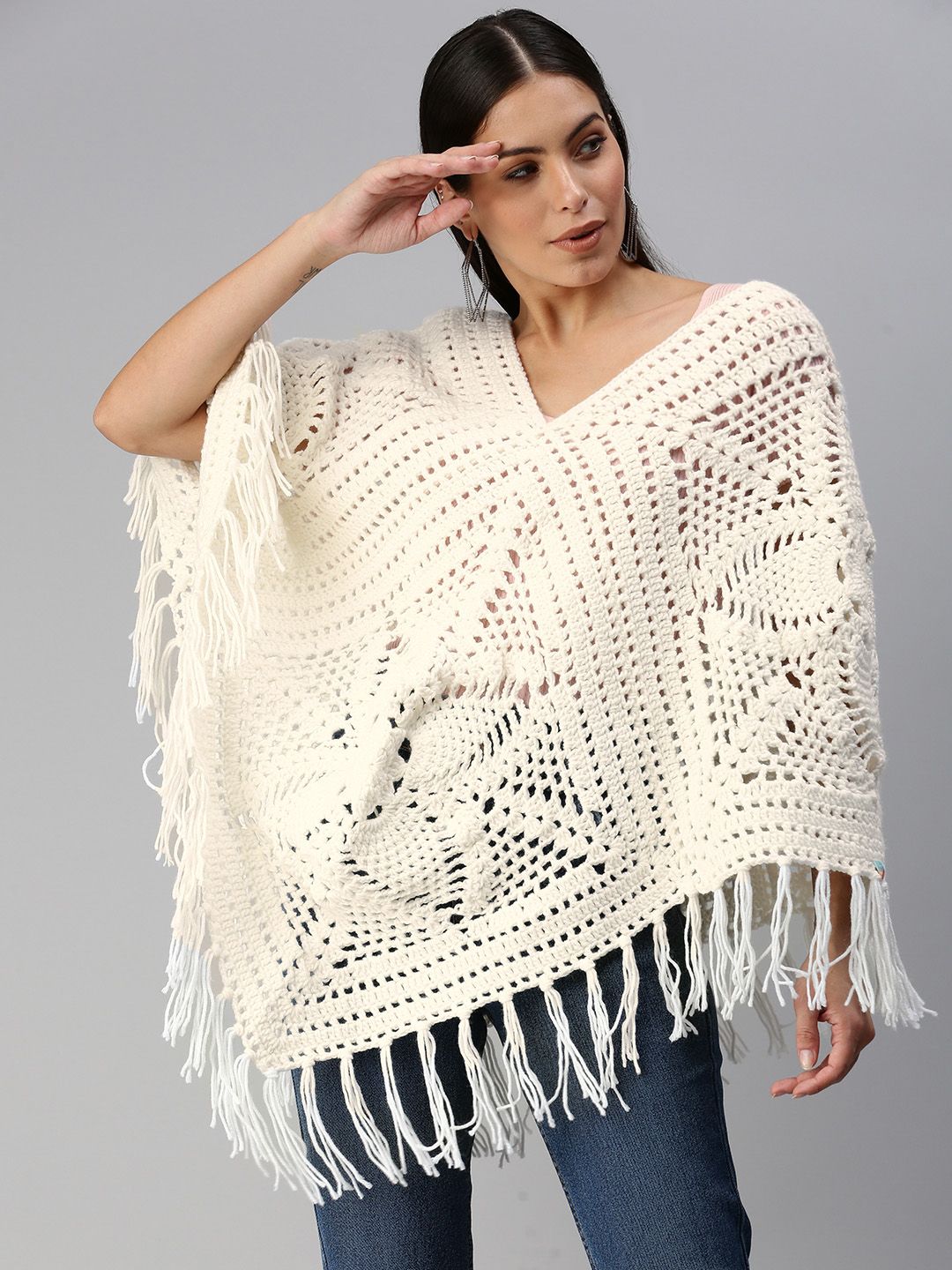 Magic Needles Women White Woven Design Handmade Poncho Price in India