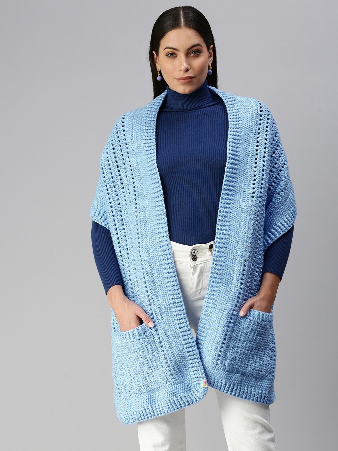 Magic Needles Women Blue Woven Design Pocket Shawl Price in India