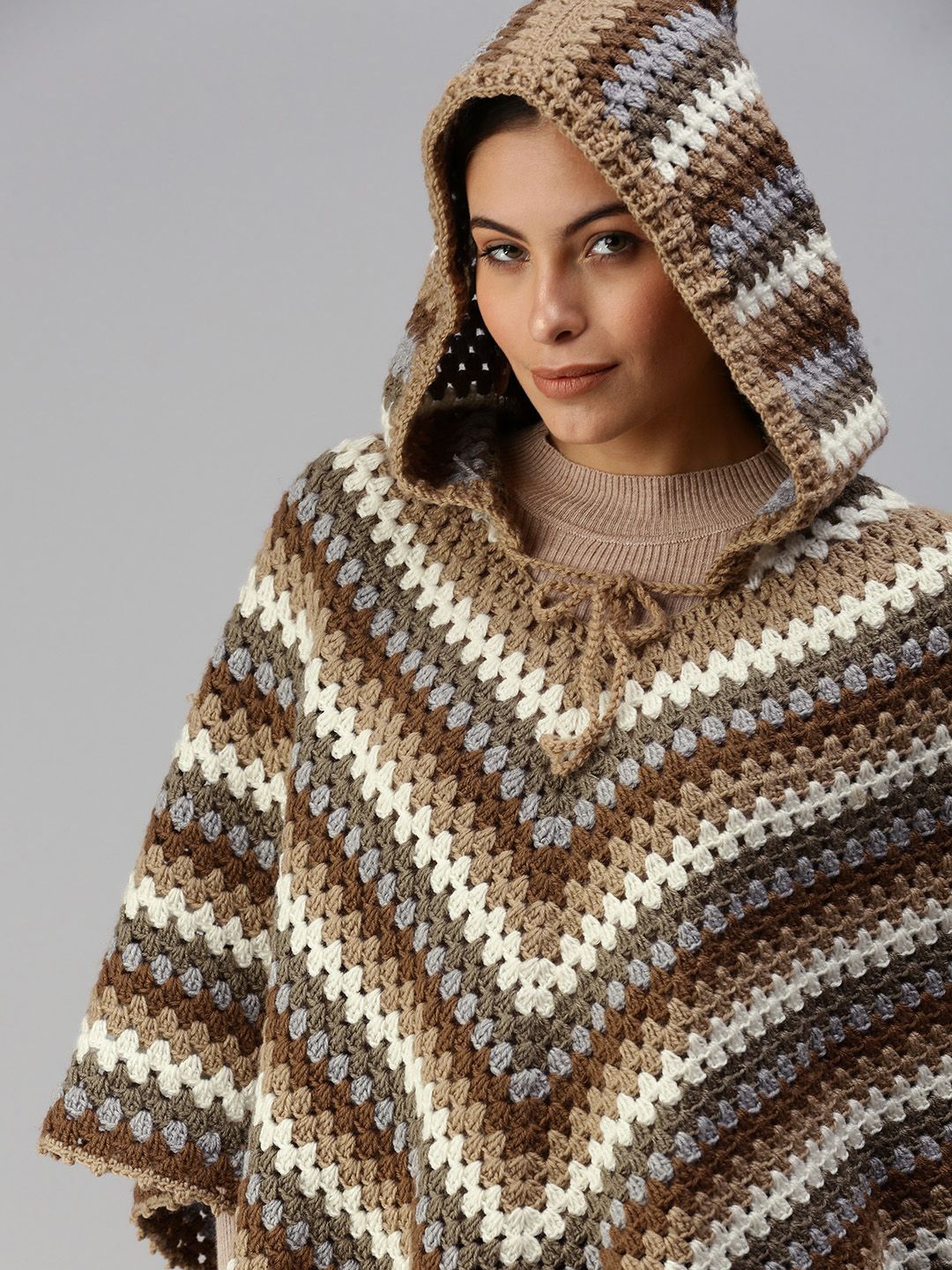 Magic Needles Women Brown Striped Handmade Poncho Price in India