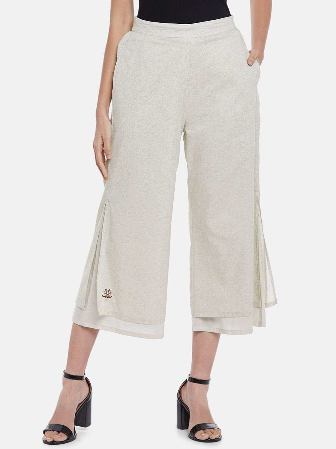 People Women Off-White Printed Layered Flared Cotton Culottes Trousers Price in India
