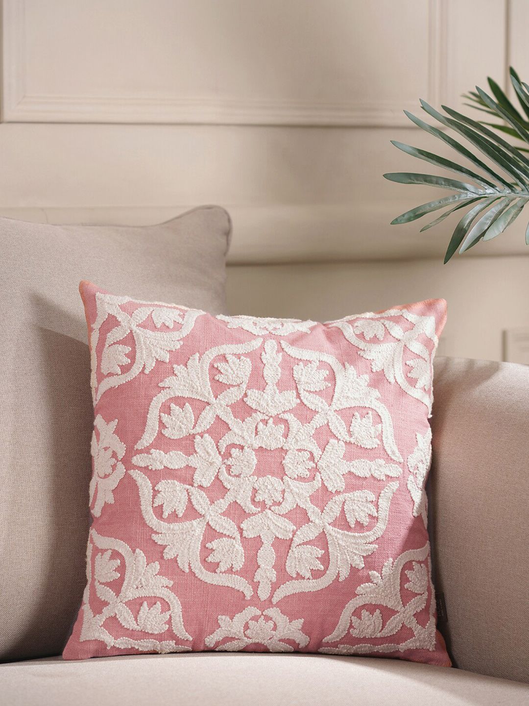 Pure Home and Living Pink & White Geometric Cotton Square Cushion Covers Price in India
