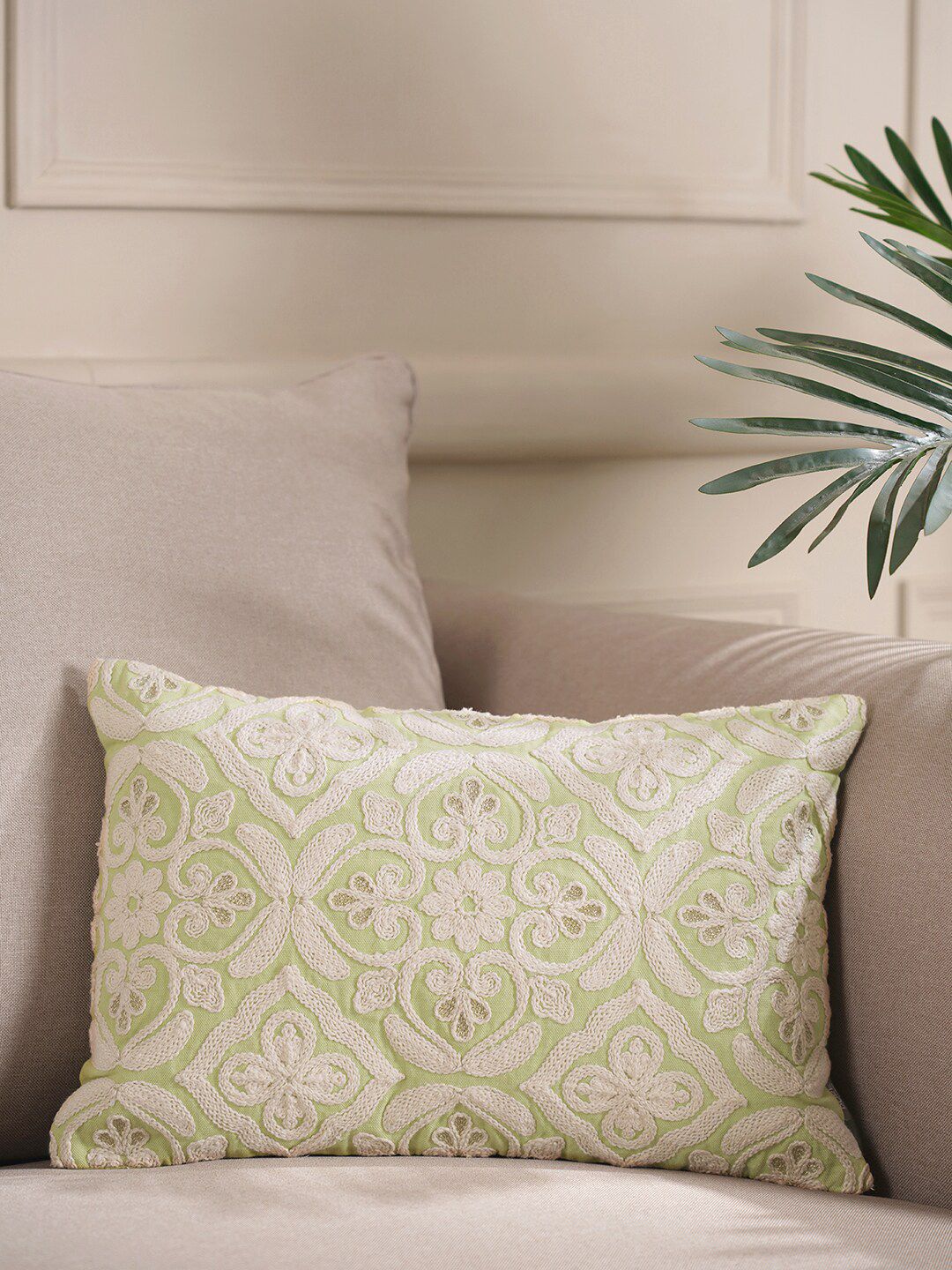 Pure Home and Living Green & White Floral Rectangle Cushion Covers Price in India