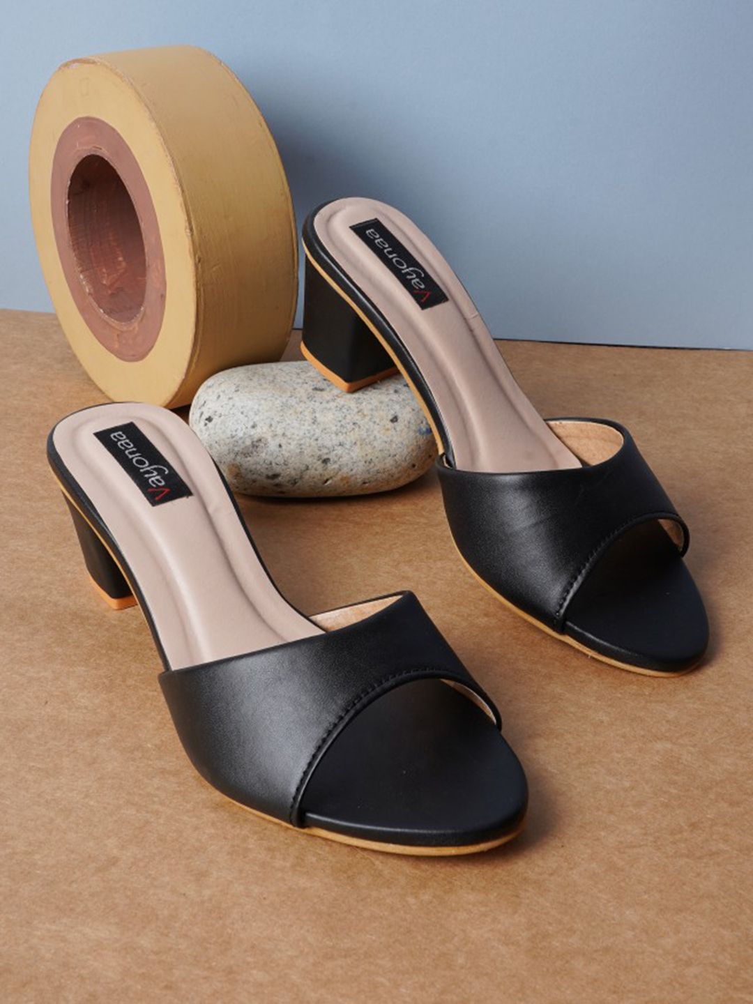 VAYONAA Women Black Solid PU Block Heels Price in India