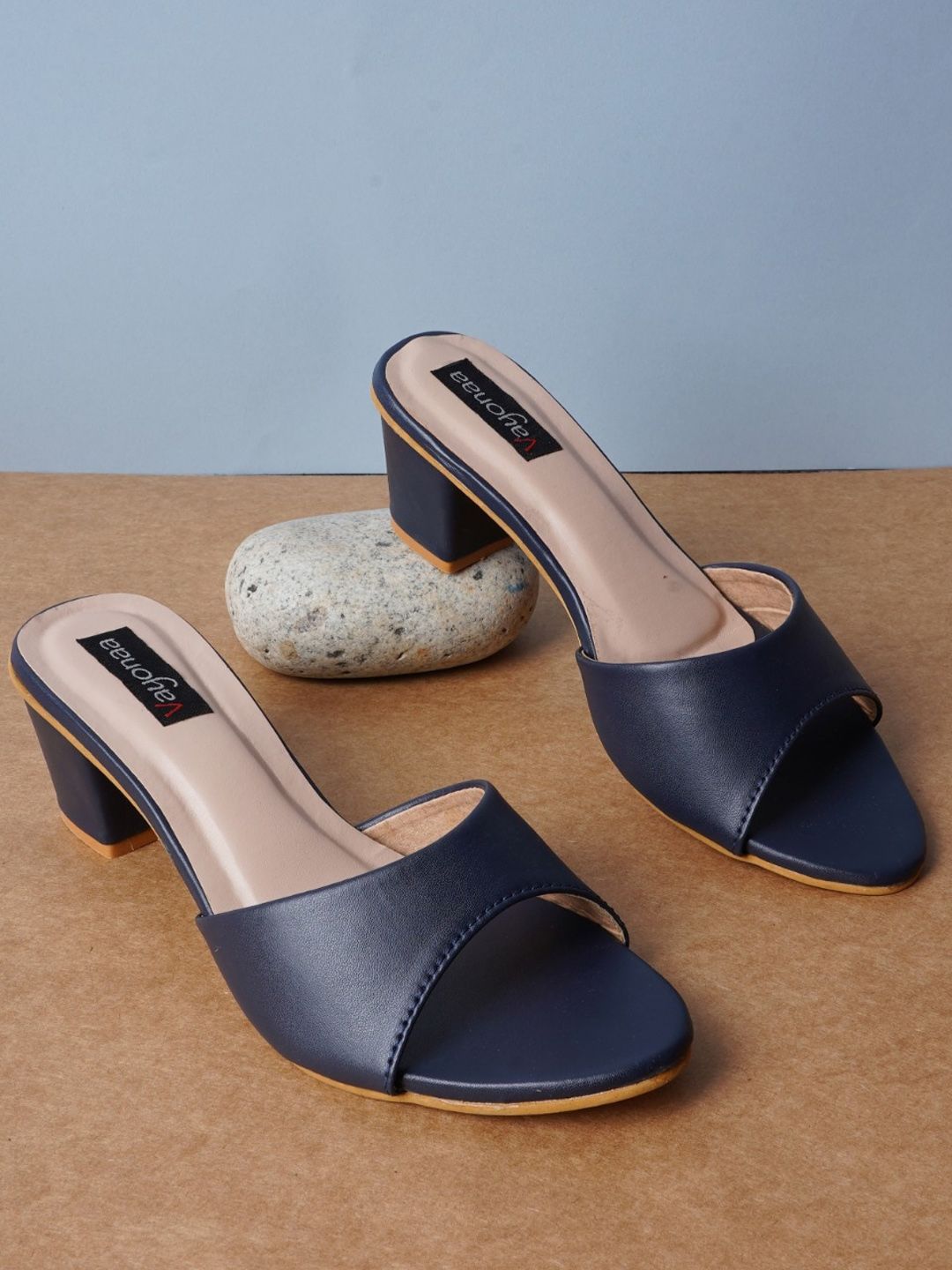 VAYONAA Women Navy Blue Solid PU Block Sandals Price in India