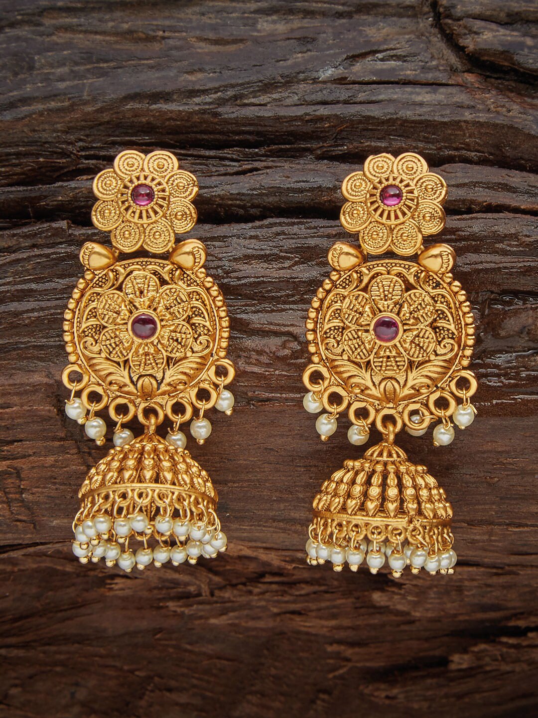 Kushal's Fashion Jewellery Gold-Plated Magenta & White Antique Jhumkas Earrings Price in India