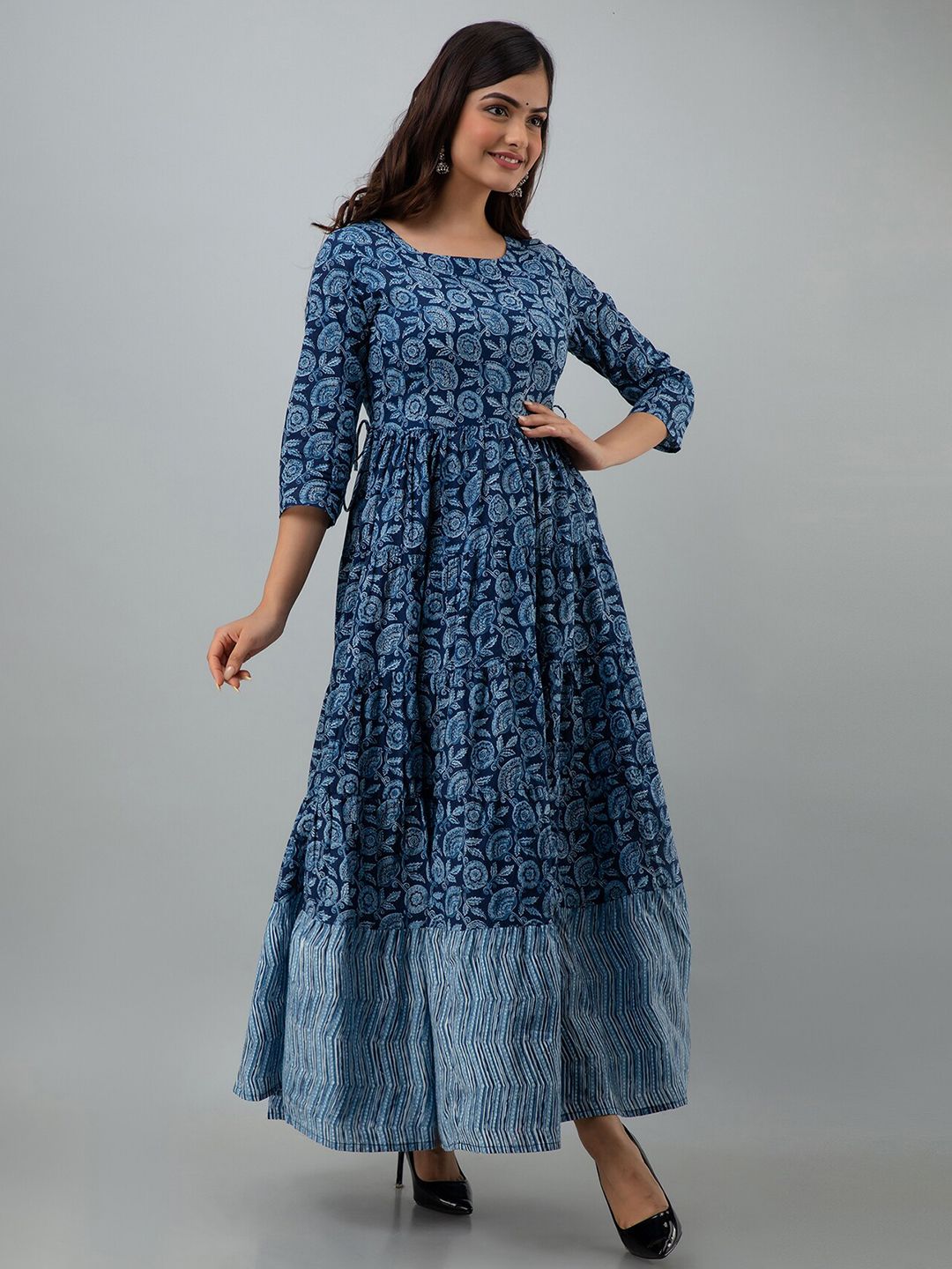 GULMOHAR JAIPUR Blue Ethnic Motifs Ethnic Cotton Maxi Dress Price in India