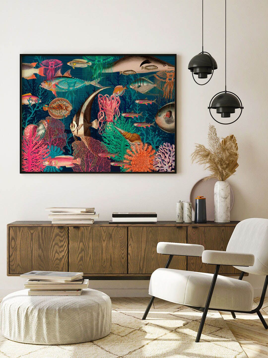 ARTSPACE Blue & Pink Vintage Underwater Canvas Framed Wall Painting Price in India