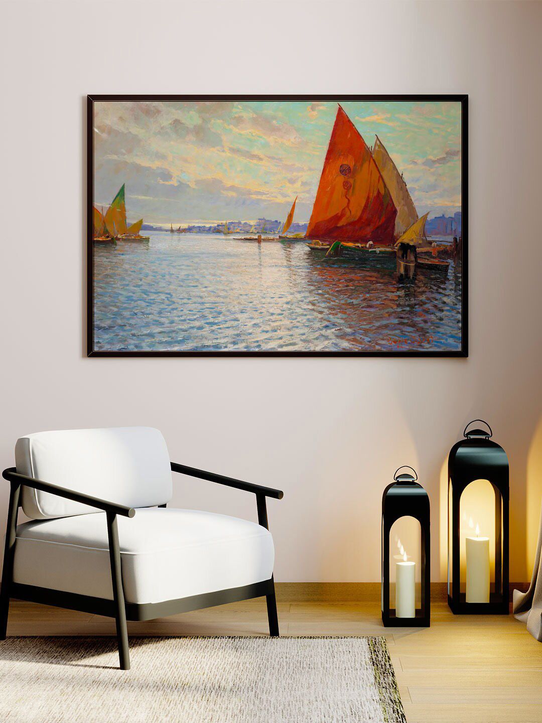 ARTSPACE Blue & Red Fishing vessels Canvas Painting Wall Art Price in India